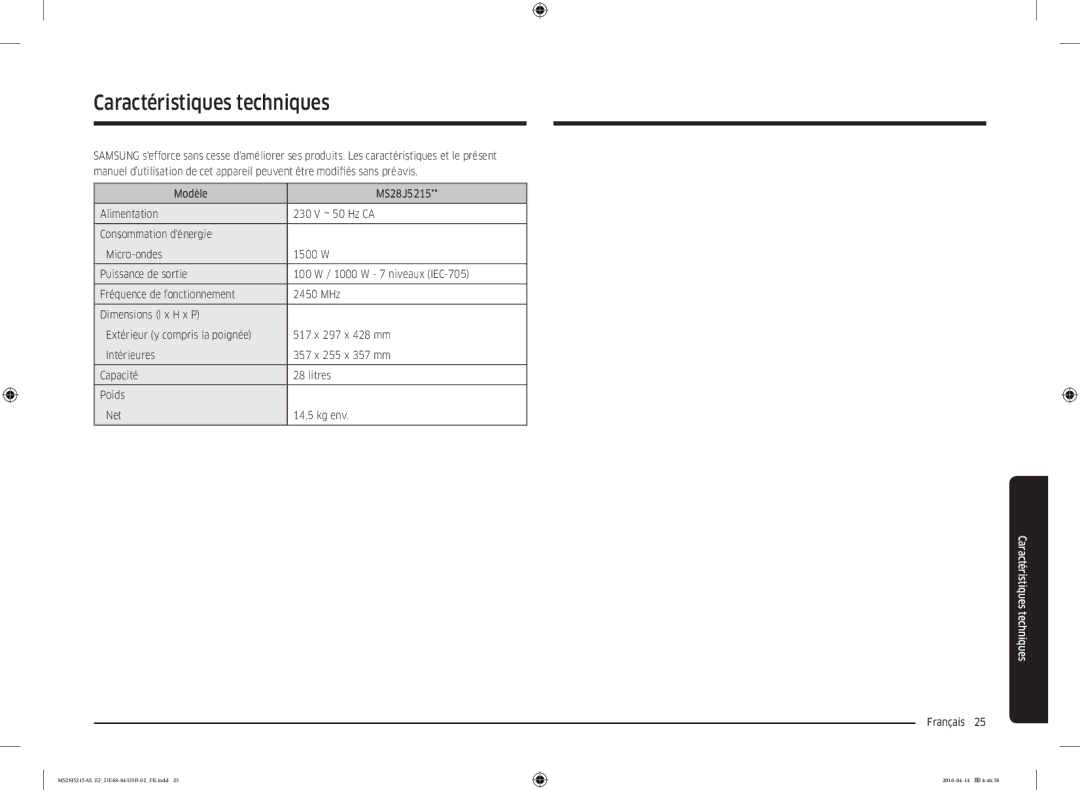 Samsung MS28J5215AS/EF, MS28J5215AW/EF, MS28J5215AB/EF manual Caractéristiques techniques 