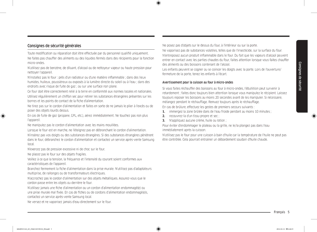 Samsung MS28J5215AB/EF, MS28J5215AW/EF, MS28J5215AS/EF manual Consignes de sécurité générales 