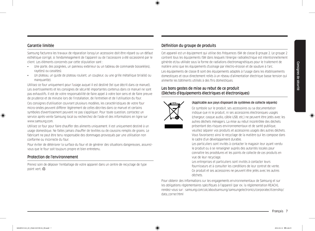 Samsung MS28J5215AS/EF, MS28J5215AW/EF Garantie limitée, Protection de lenvironnement, Définition du groupe de produits 