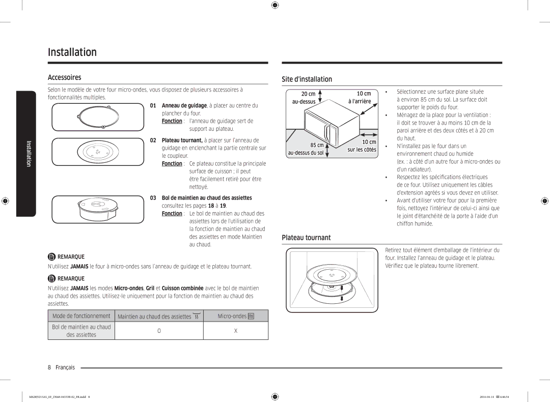 Samsung MS28J5215AB/EF, MS28J5215AW/EF, MS28J5215AS/EF manual Installation, Accessoires, Site dinstallation, Plateau tournant 