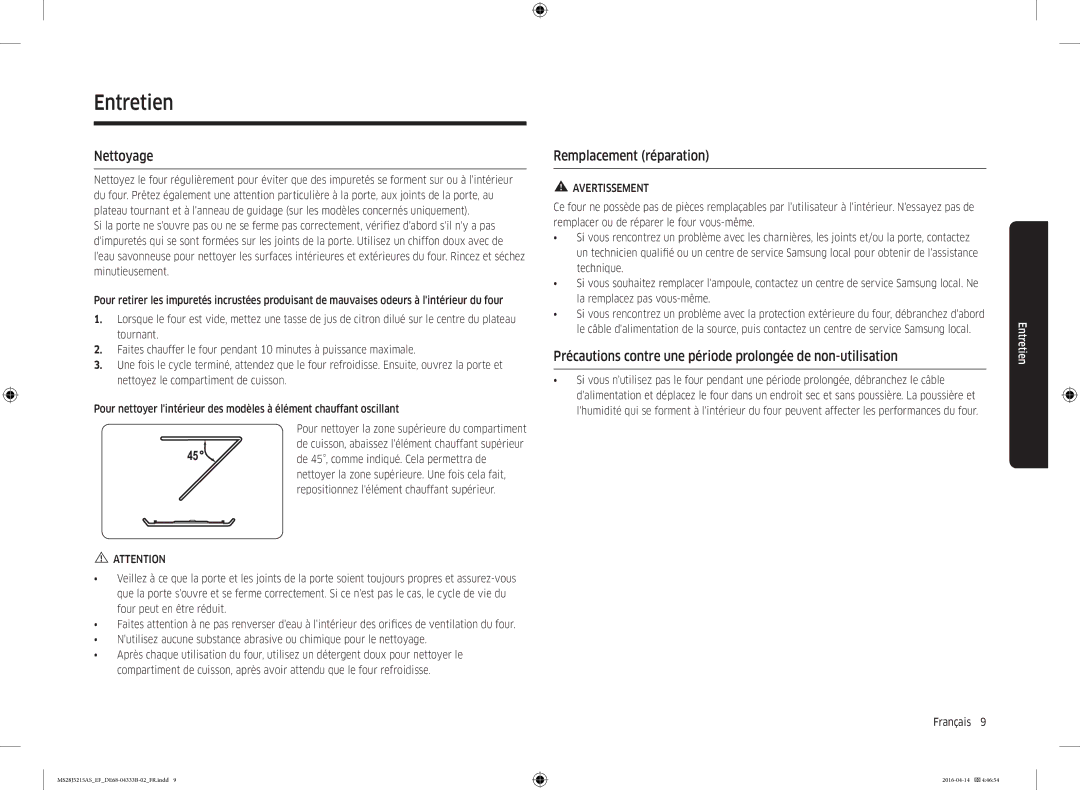 Samsung MS28J5215AW/EF, MS28J5215AS/EF, MS28J5215AB/EF manual Entretien, Nettoyage, Remplacement réparation 