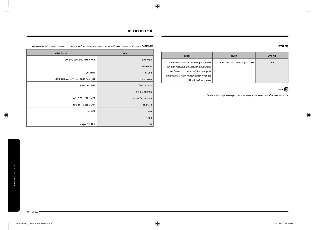 Samsung MS28J5215AW/LI manual MS28J5215 םגד, 31 עברית, הלועפ הביסה עדימ דוק, Samsung לש ימוקמה 