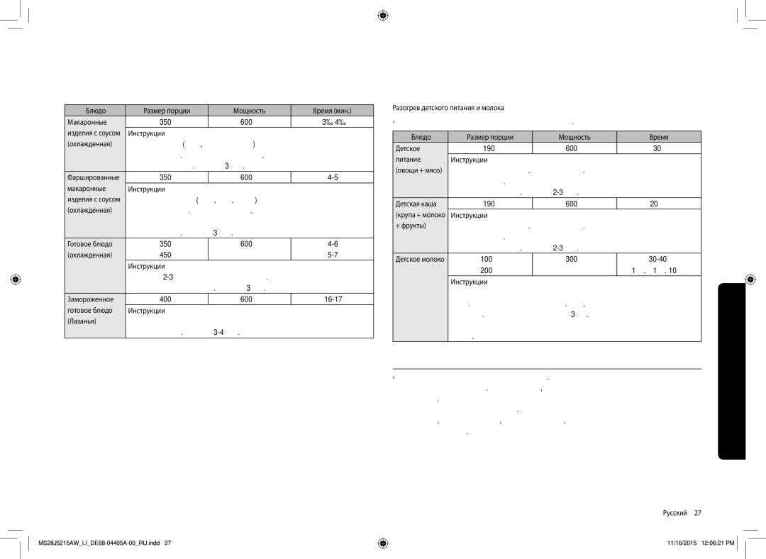 Samsung MS28J5215AW/LI manual Разморозка 