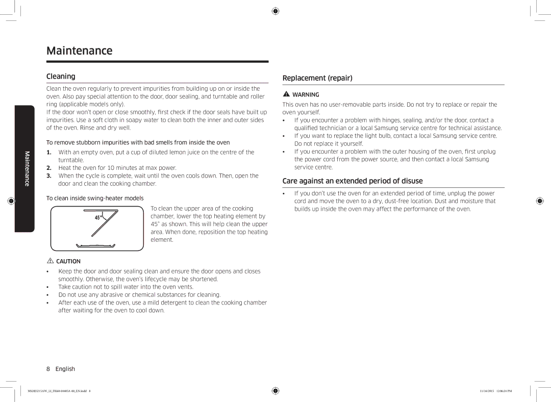 Samsung MS28J5215AW/LI manual Maintenance, Cleaning, Replacement repair, Care against an extended period of disuse 