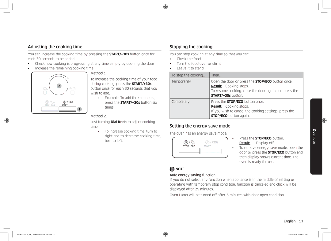 Samsung MS28J5215AW/LI manual Adjusting the cooking time, Stopping the cooking, Setting the energy save mode 