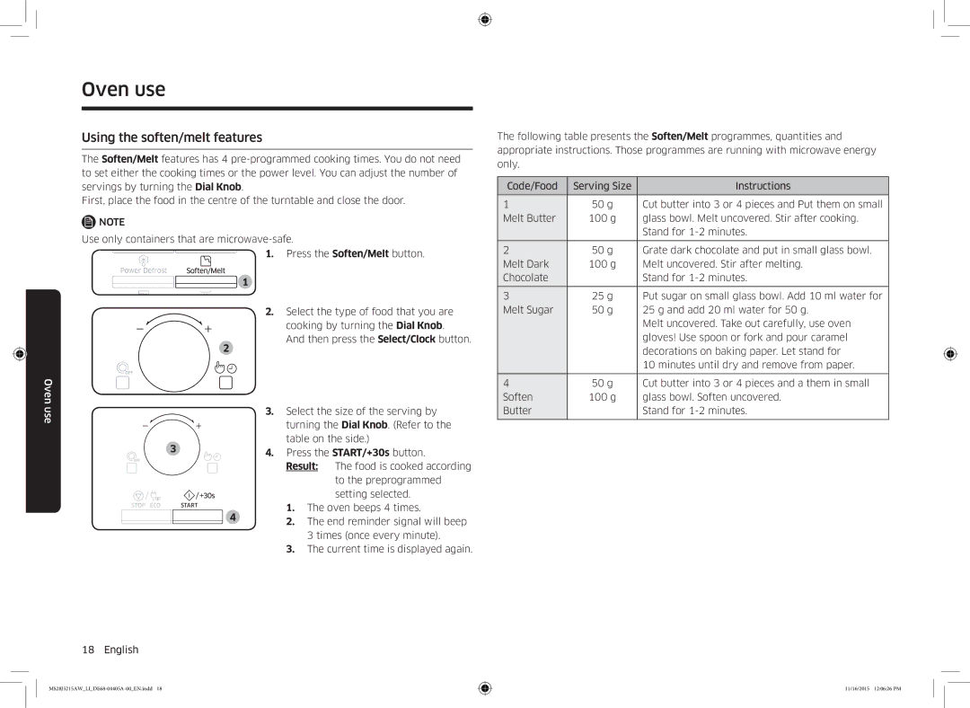 Samsung MS28J5215AW/LI manual Using the soften/melt features 