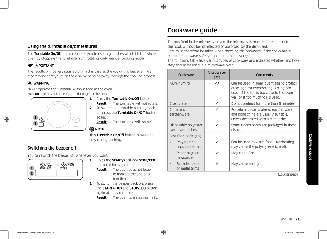 Samsung MS28J5215AW/LI manual Cookware guide, Using the turntable on/off features, Switching the beeper off 