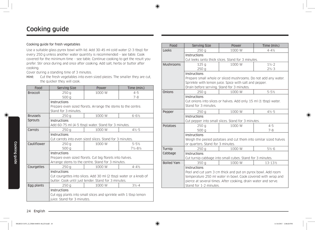 Samsung MS28J5215AW/LI manual Cooking guide 