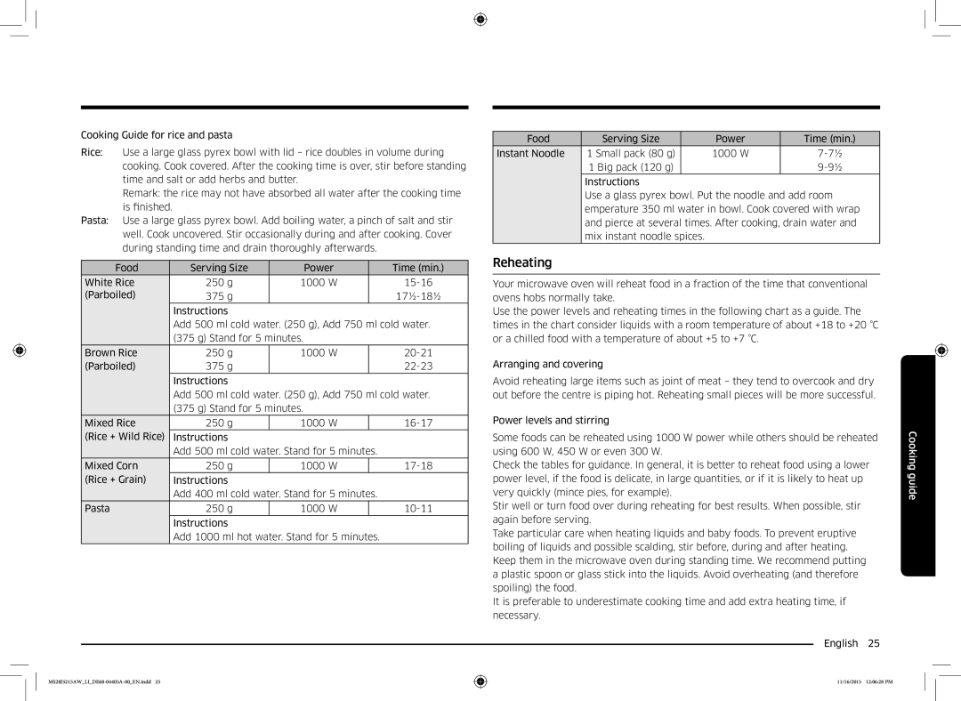 Samsung MS28J5215AW/LI manual Reheating 