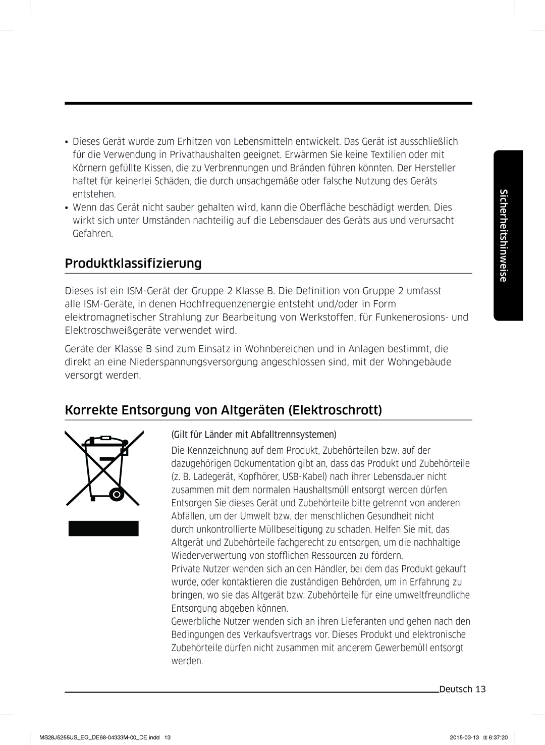 Samsung MS28J5255UB/EG, MS28J5255UB/EF manual Produktklassifizierung, Korrekte Entsorgung von Altgeräten Elektroschrott 