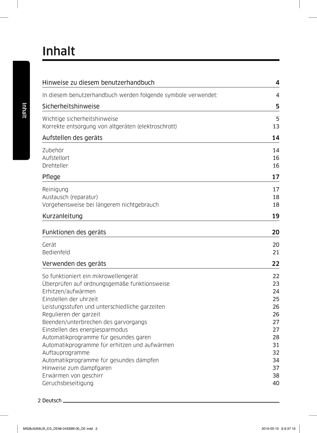 Samsung MS28J5255UB/EF, MS28J5255UB/EG manual Inhalt, Verwenden des geräts 