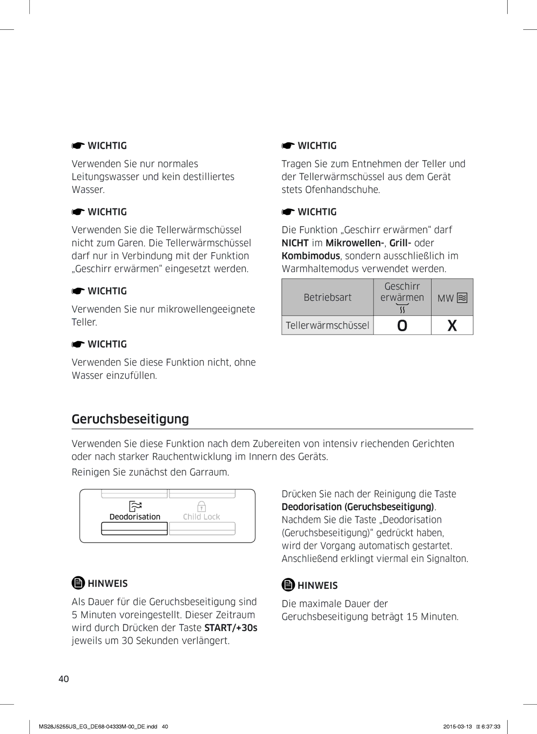 Samsung MS28J5255UB/EF, MS28J5255UB/EG manual Geruchsbeseitigung 