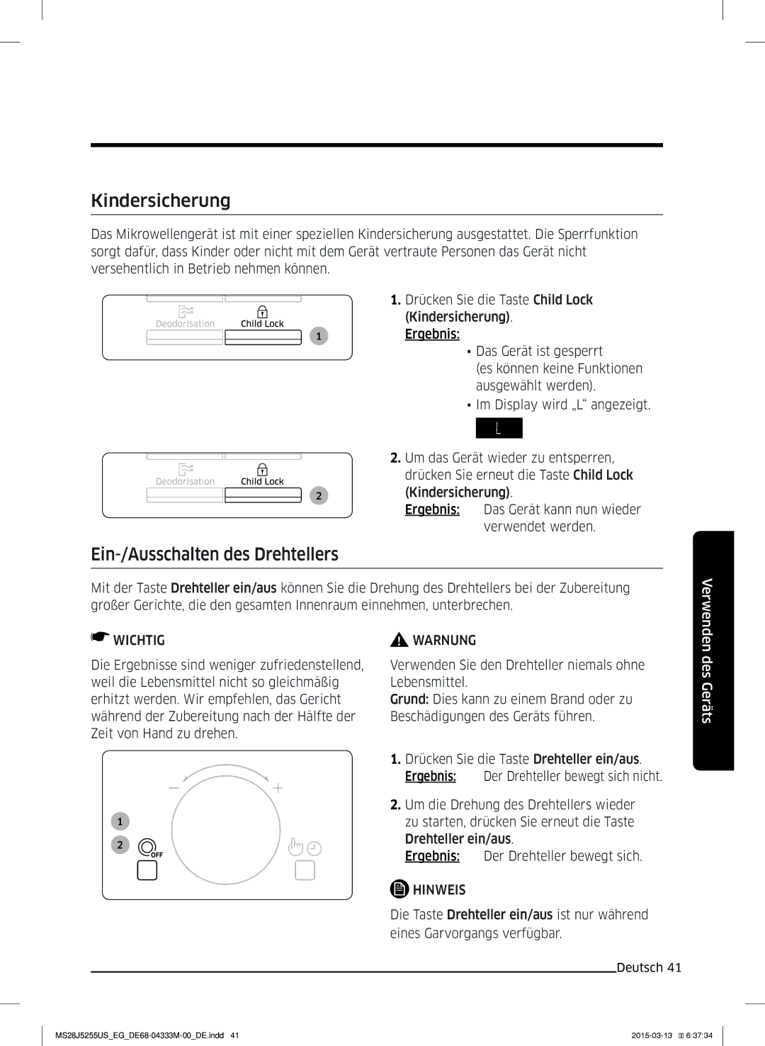 Samsung MS28J5255UB/EG, MS28J5255UB/EF manual Kindersicherung, Ein-/Ausschalten des Drehtellers 