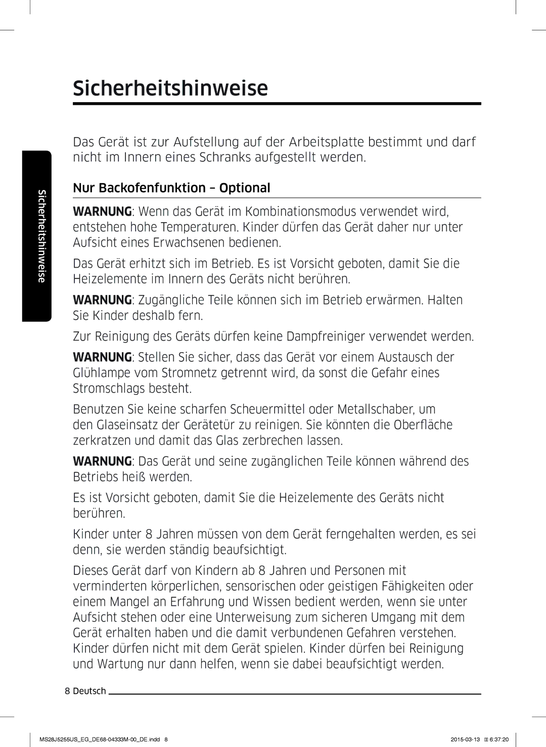 Samsung MS28J5255UB/EF, MS28J5255UB/EG manual Sicherheitshinweise 