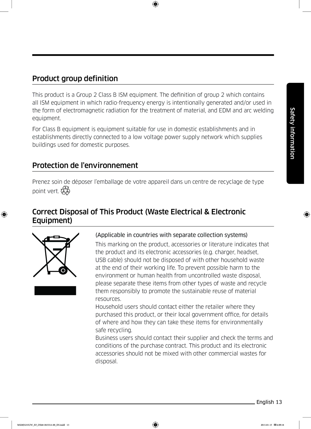 Samsung MS28J5255UW/EF, MS28J5255UB/EG, MS28J5255US/EF manual Product group definition, Protection de l’environnement 