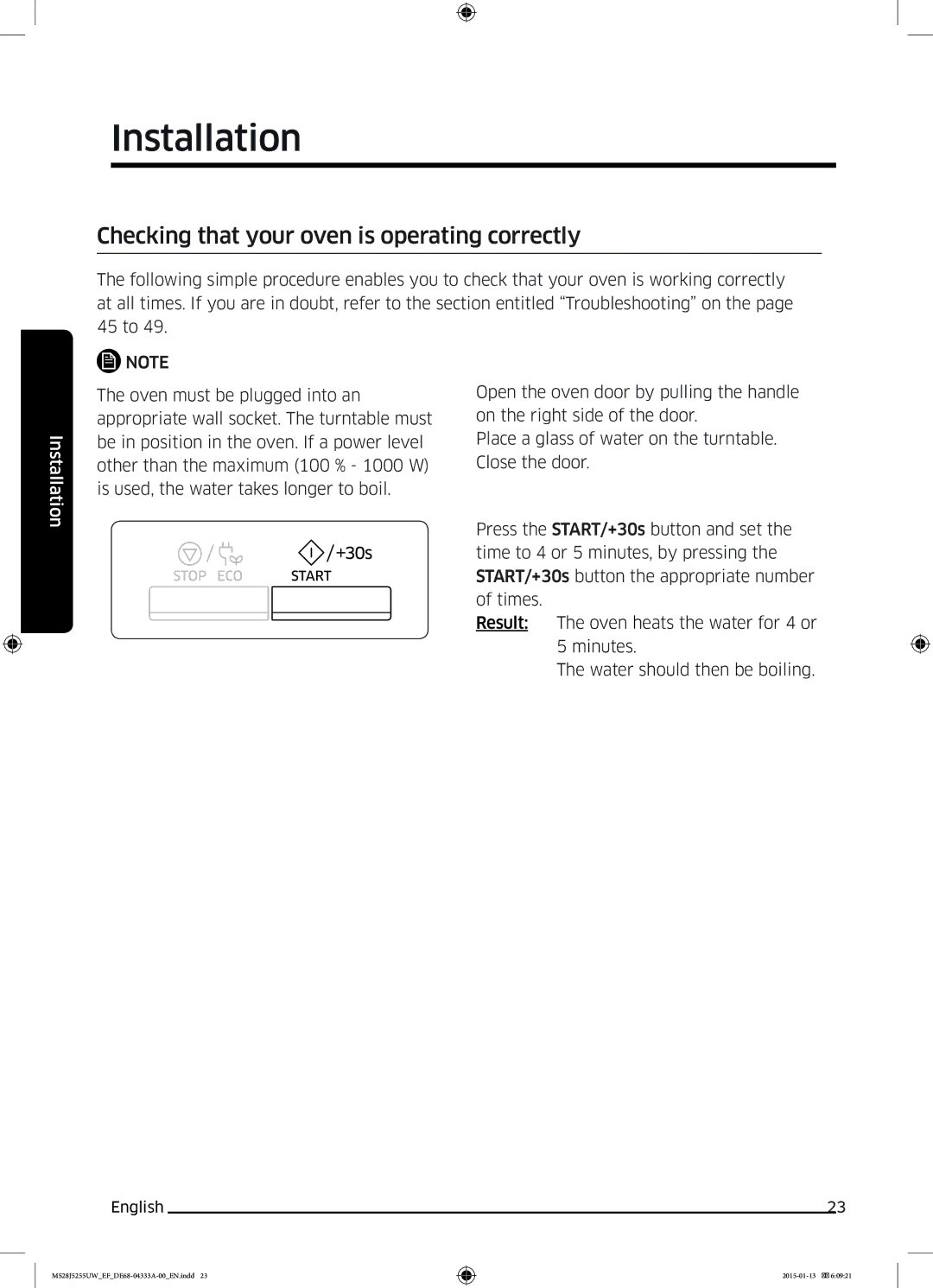 Samsung MS28J5255UB/EG, MS28J5255US/EF, MS28J5255UW/EF, MS28J5255UB/EF manual Checking that your oven is operating correctly 