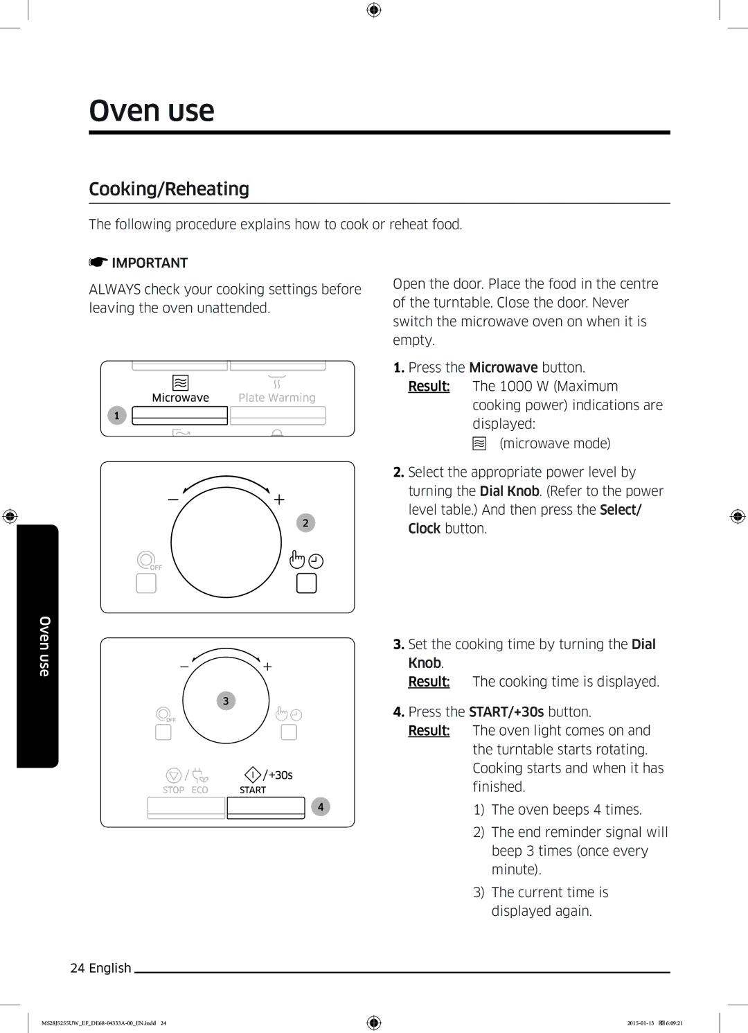 Samsung MS28J5255US/EF, MS28J5255UB/EG, MS28J5255UW/EF, MS28J5255UB/EF manual Cooking/Reheating 