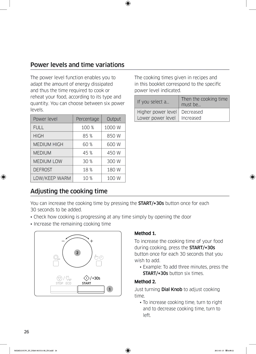 Samsung MS28J5255UB/EF, MS28J5255UB/EG, MS28J5255US/EF manual Power levels and time variations, Adjusting the cooking time 