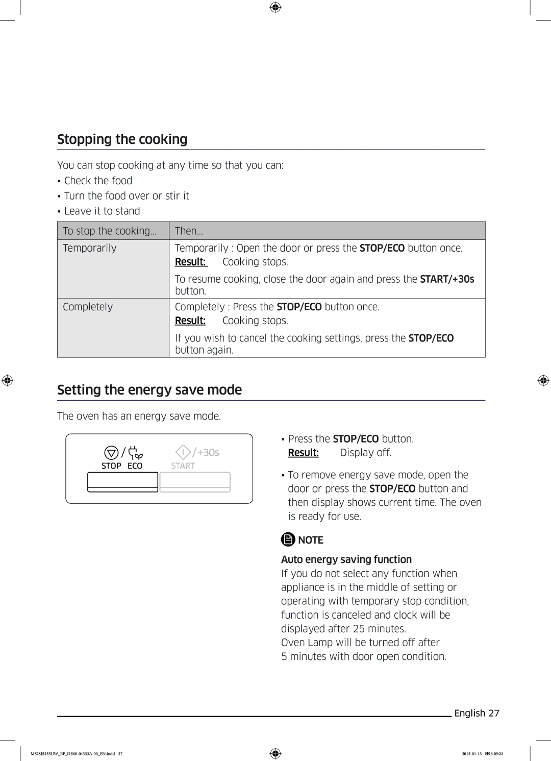 Samsung MS28J5255UB/EG, MS28J5255US/EF, MS28J5255UW/EF, MS28J5255UB/EF Stopping the cooking, Setting the energy save mode 