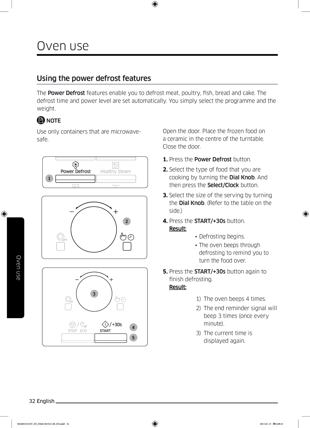 Samsung MS28J5255US/EF, MS28J5255UB/EG, MS28J5255UW/EF, MS28J5255UB/EF manual Using the power defrost features 