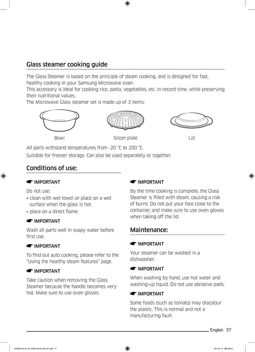 Samsung MS28J5255UW/EF, MS28J5255UB/EG, MS28J5255US/EF manual Glass steamer cooking guide, Conditions of use, Maintenance 