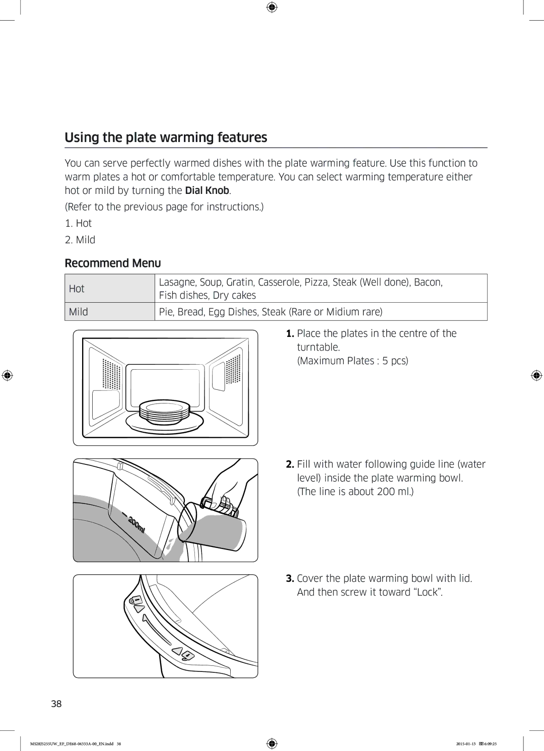 Samsung MS28J5255UB/EF, MS28J5255UB/EG, MS28J5255US/EF, MS28J5255UW/EF manual Using the plate warming features, Recommend Menu 