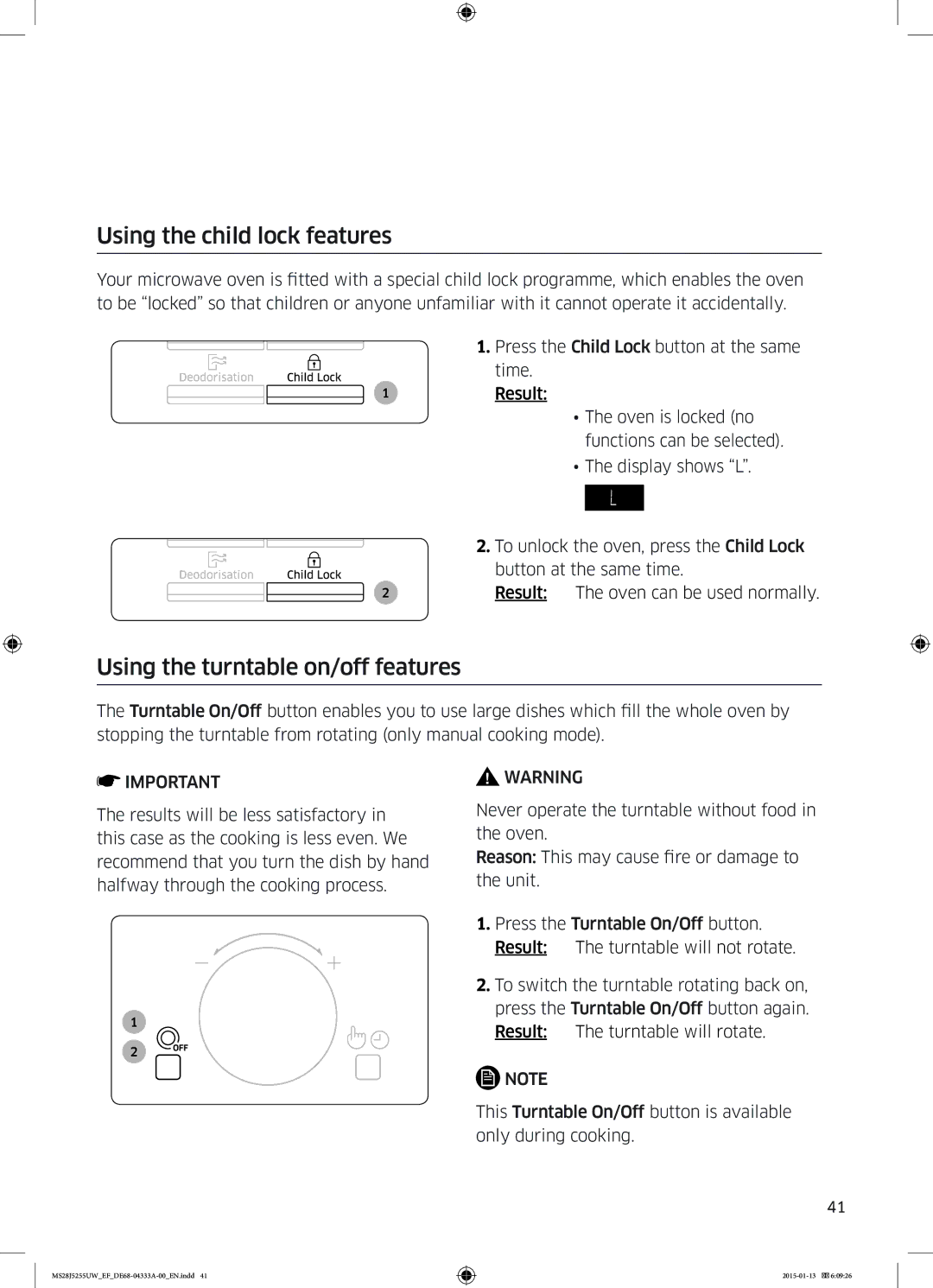 Samsung MS28J5255UW/EF, MS28J5255UB/EG, MS28J5255US/EF Using the child lock features, Using the turntable on/off features 