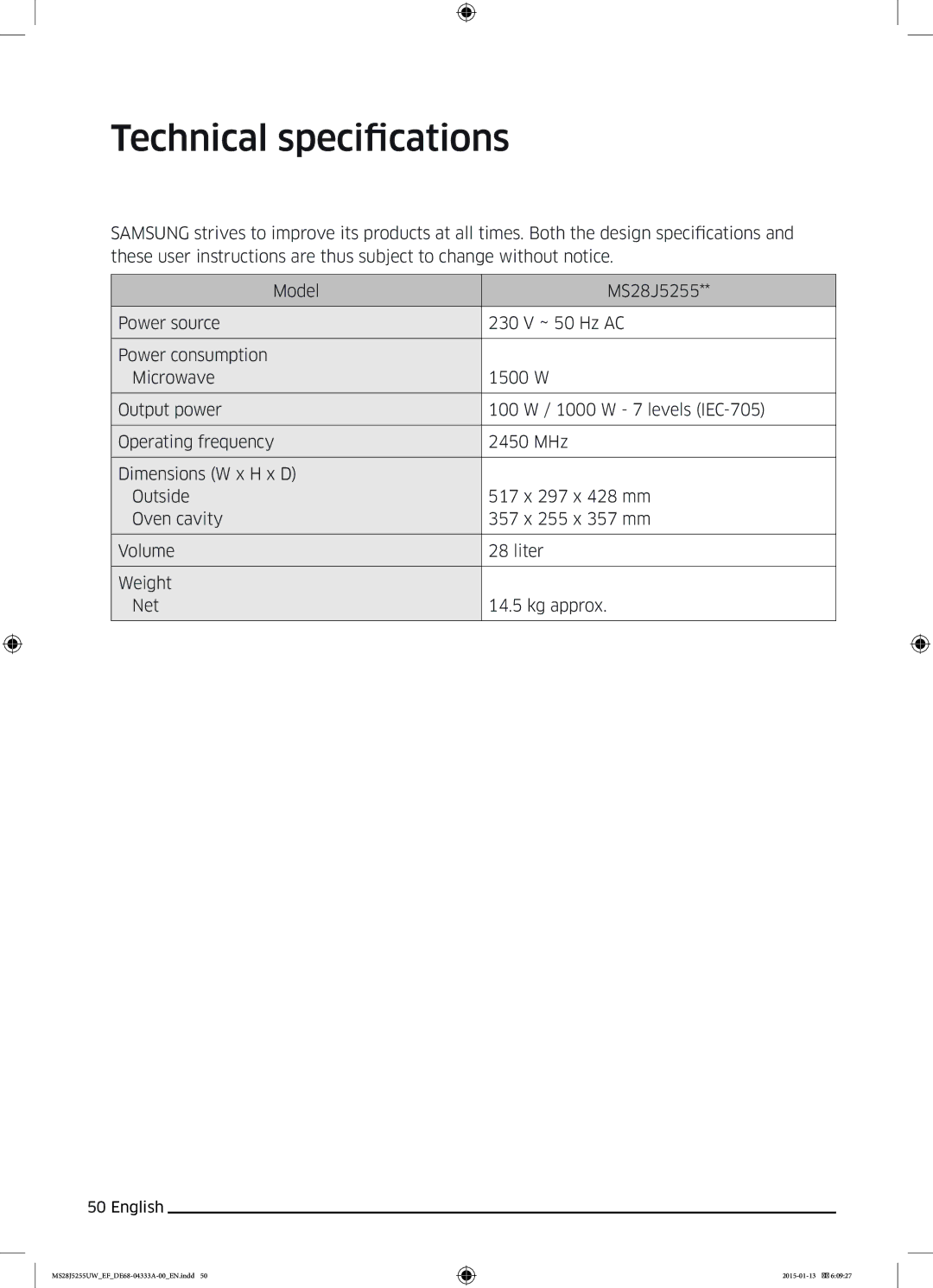 Samsung MS28J5255UB/EF, MS28J5255UB/EG, MS28J5255US/EF, MS28J5255UW/EF manual Technical specifications 