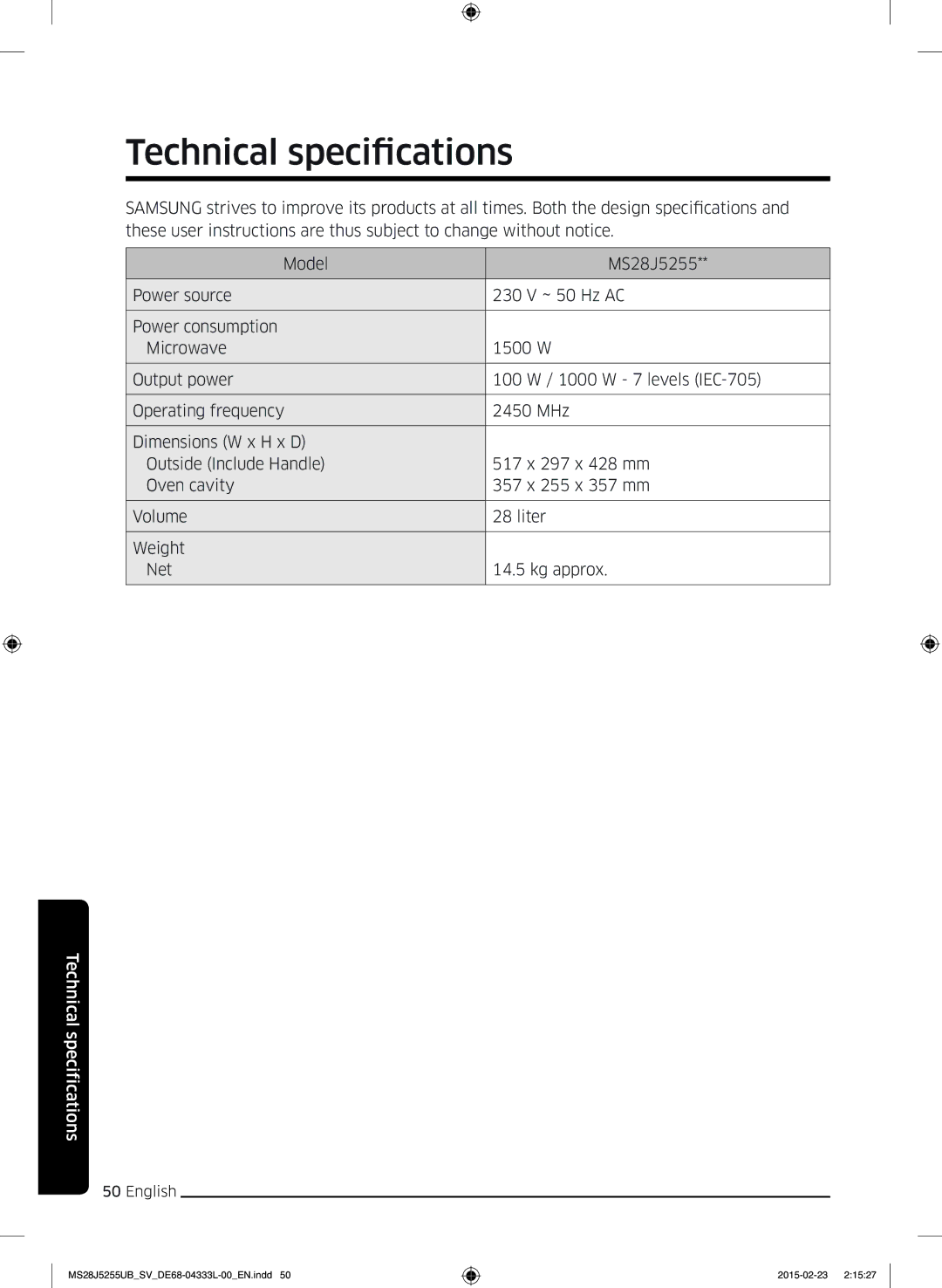 Samsung MS28J5255UB/SV manual Technical specifications 