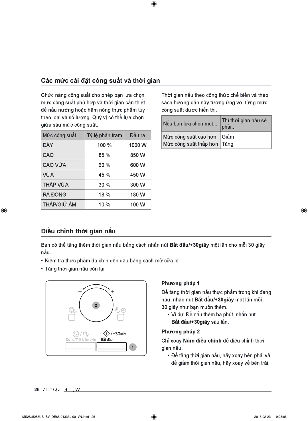 Samsung MS28J5255UB/SV manual Các mức cài đặt công suất và thời gian, Điều chỉnh thời gian nấu, Phương pháp 