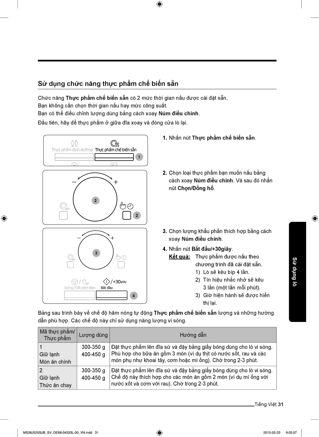 Samsung MS28J5255UB/SV manual Sử dụng chức năng thực phẩm chế biến sẵn, Nhấn nút Thực phẩm chế biến sẵn, Nút Chọn/Đồng hồ 