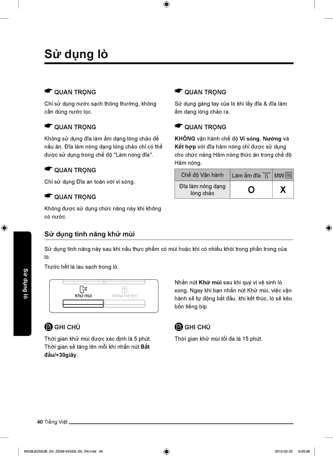 Samsung MS28J5255UB/SV manual Sử dụng tính năng khử mùi, Đầu/+30giây 