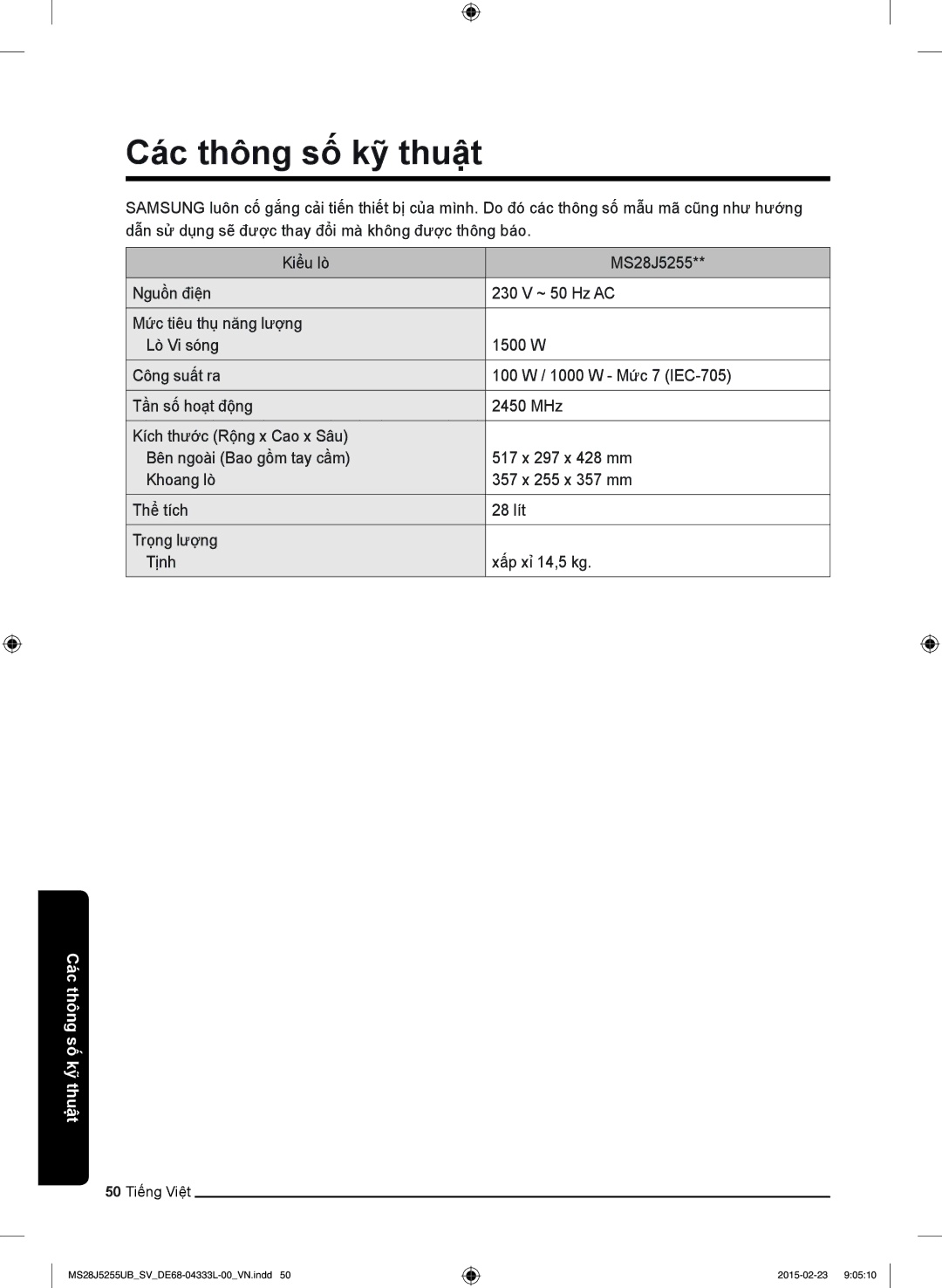 Samsung MS28J5255UB/SV manual Các thông số kỹ thuật 