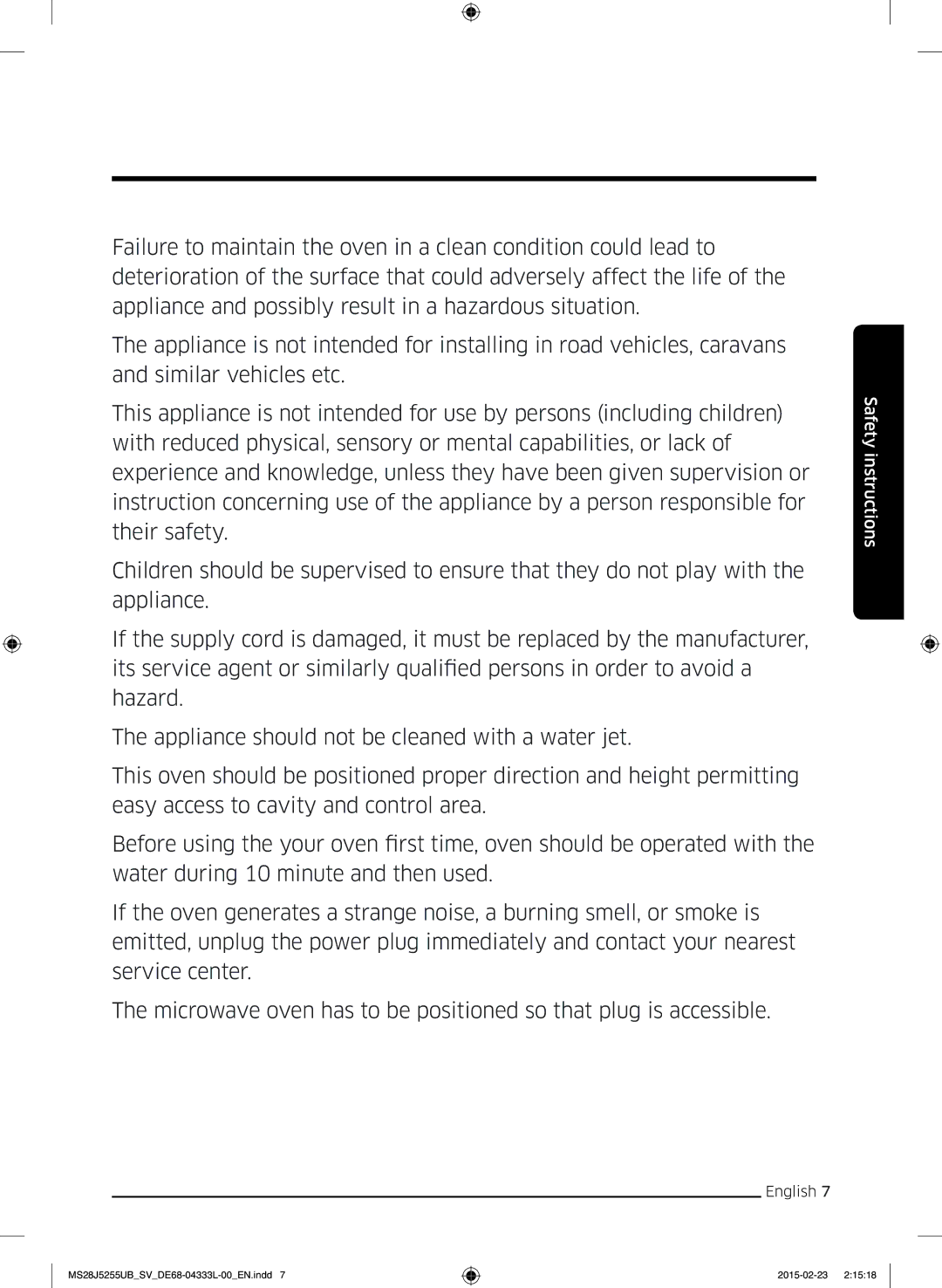 Samsung MS28J5255UB/SV manual Safety instructions 