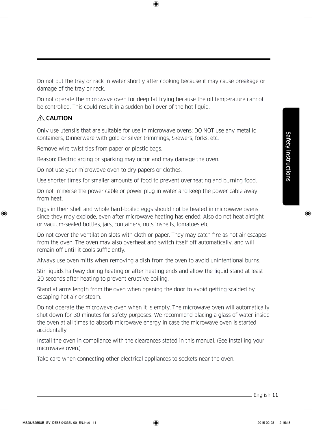 Samsung MS28J5255UB/SV manual Safety instructions 