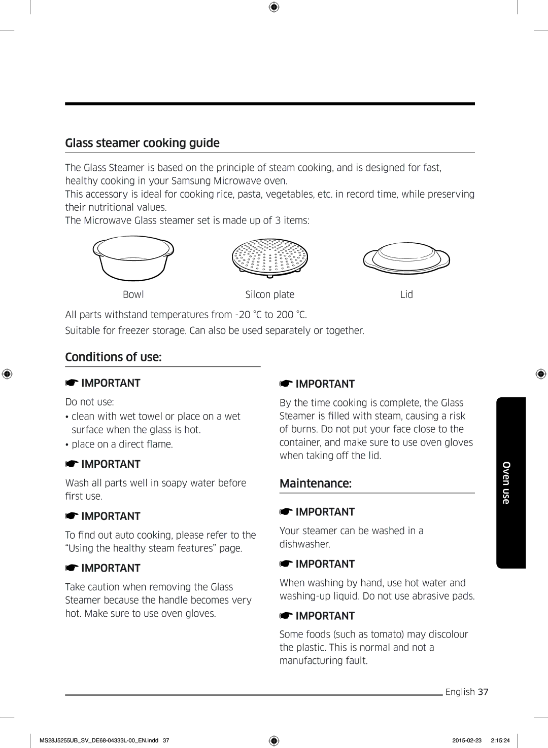 Samsung MS28J5255UB/SV manual Glass steamer cooking guide, Conditions of use, Maintenance 