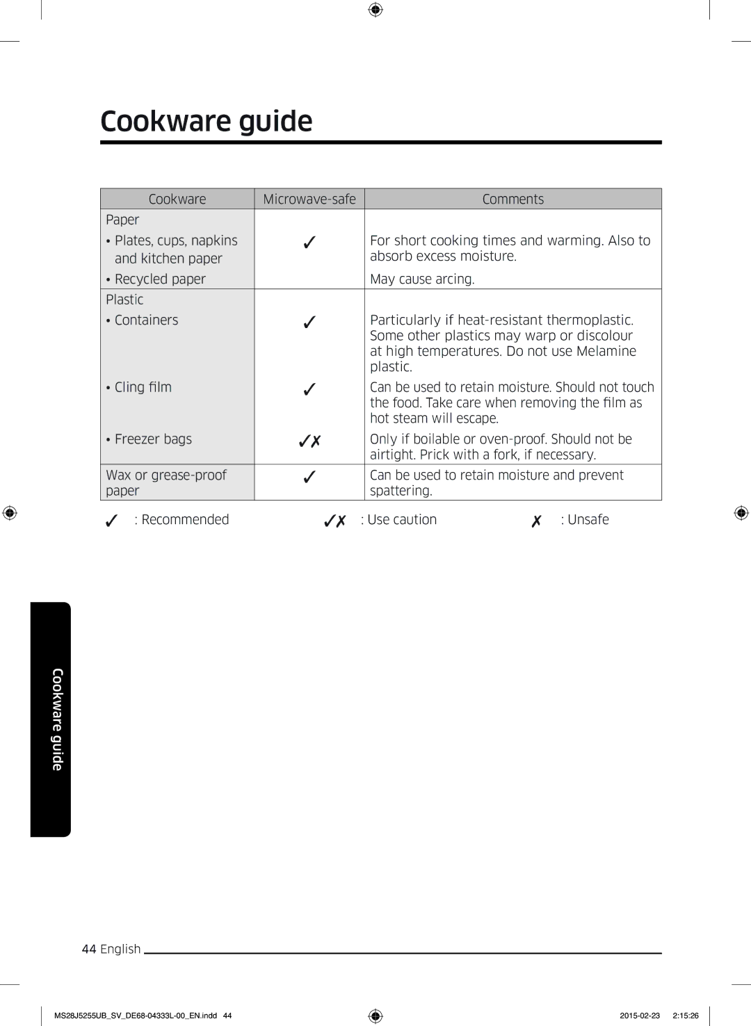 Samsung MS28J5255UB/SV manual Cookware guide 