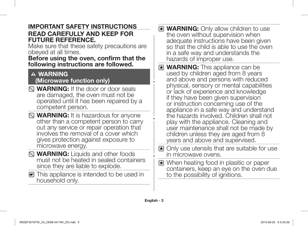 Samsung MS32F301EFW/ZA manual Read Carefully and Keep for Future Reference 