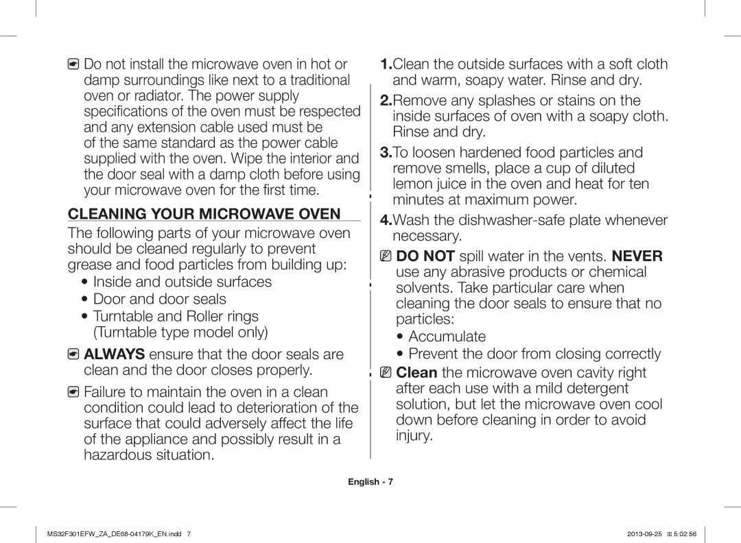 Samsung MS32F301EFW/ZA manual Cleaning Your Microwave Oven 