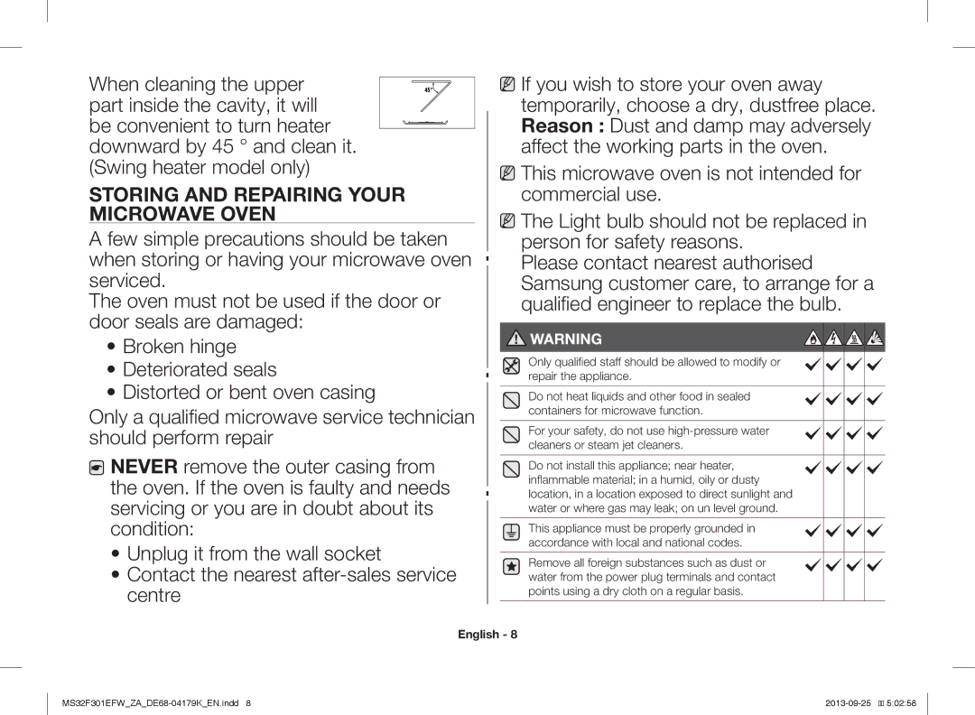 Samsung MS32F301EFW/ZA manual Storing and Repairing Your Microwave Oven 