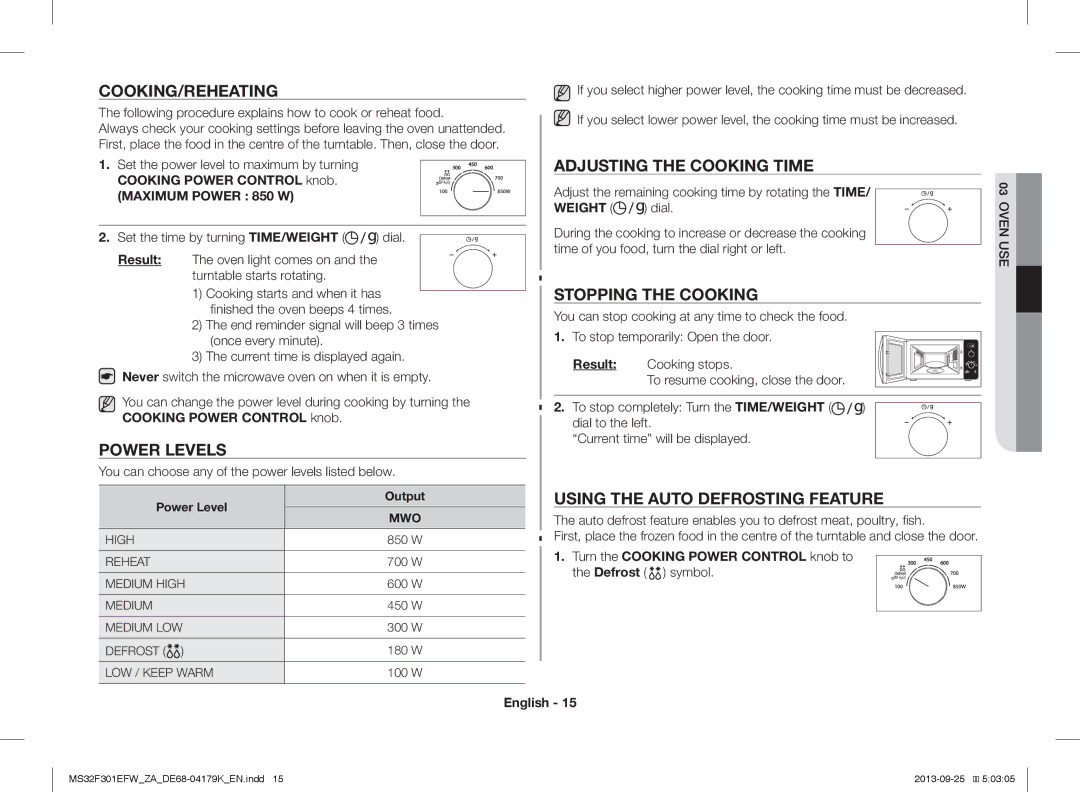 Samsung MS32F301EFW/ZA manual Cooking/Reheating, Power Levels, Adjusting the Cooking Time, Stopping the Cooking 