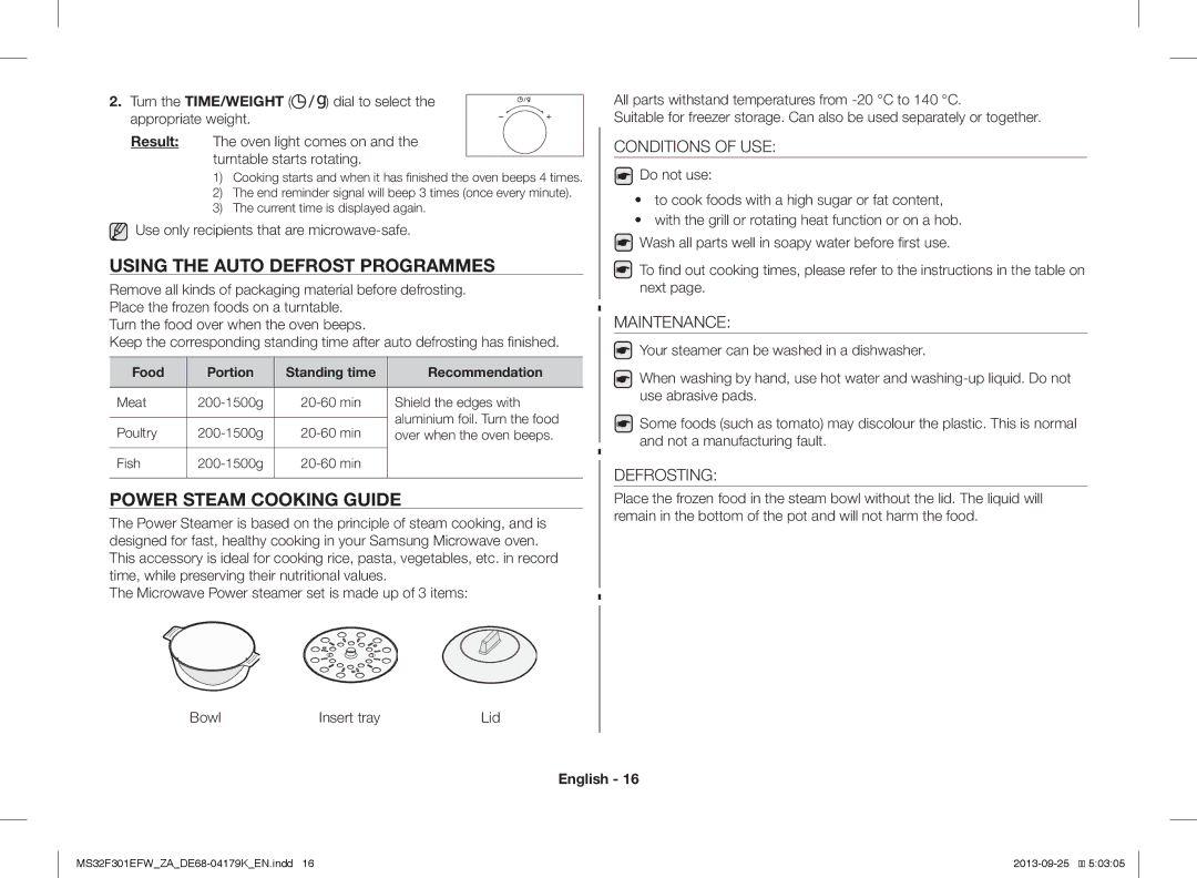 Samsung MS32F301EFW/ZA manual Using the Auto Defrost Programmes, Power Steam Cooking Guide 