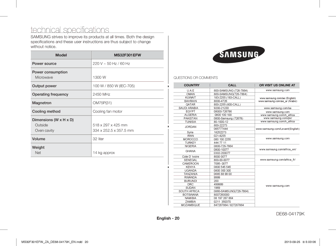 Samsung MS32F301EFW/ZA manual Technical specifications, Model 