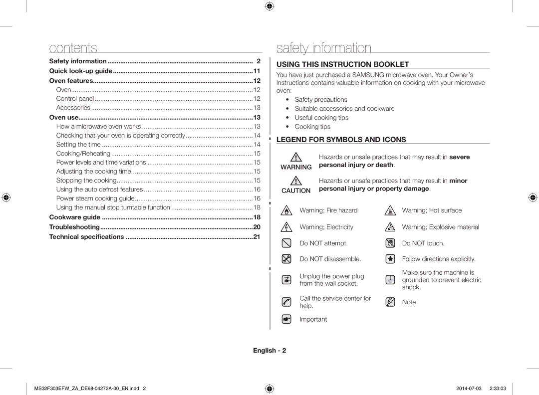 Samsung MS32F303EFW/ZA manual Safety information, Contents 