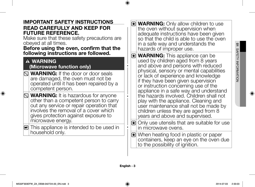 Samsung MS32F303EFW/ZA manual Read Carefully and Keep for Future Reference 