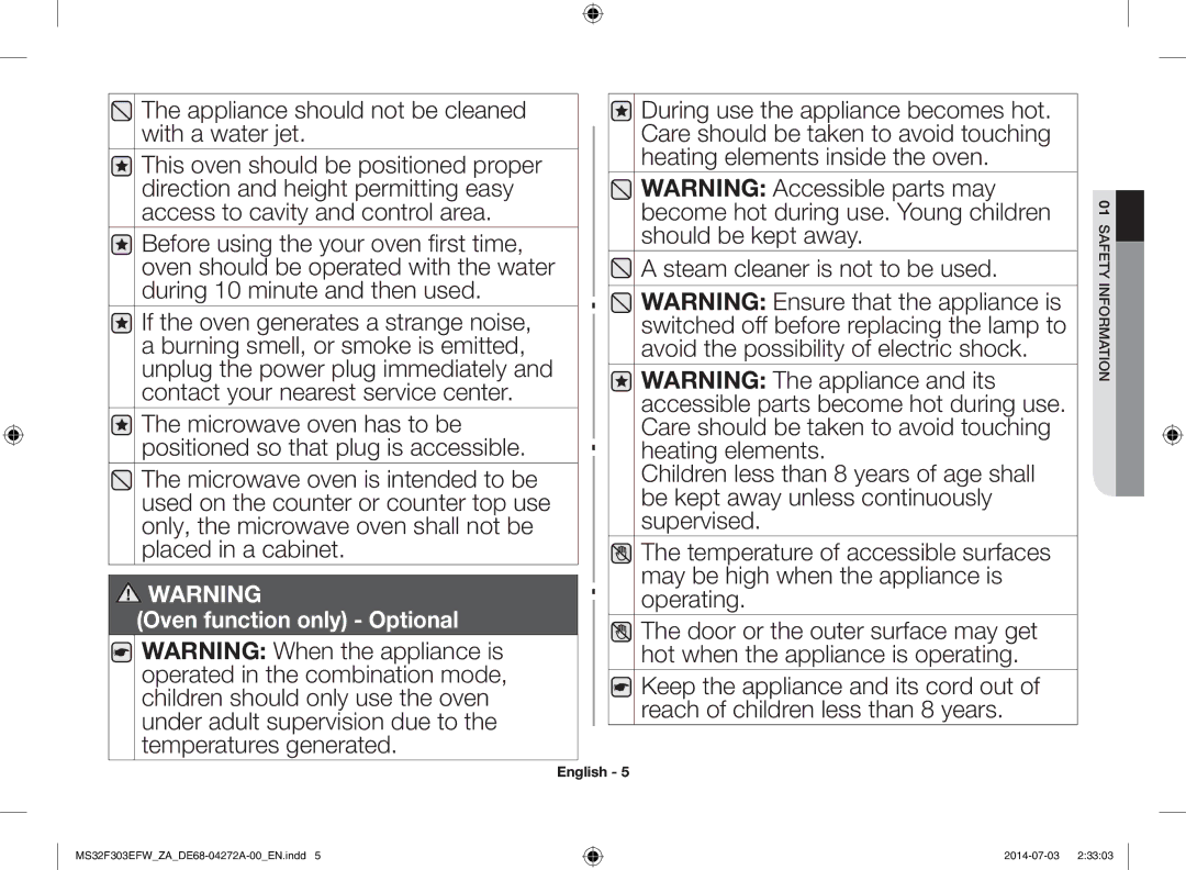 Samsung MS32F303EFW/ZA manual Appliance should not be cleaned with a water jet, Oven function only Optional 