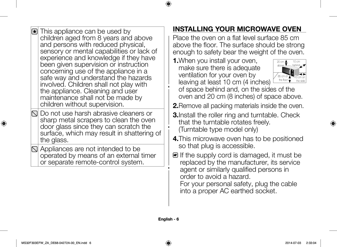 Samsung MS32F303EFW/ZA manual Installing Your Microwave Oven 