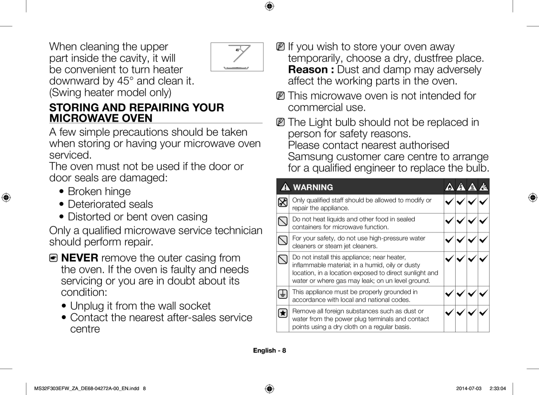 Samsung MS32F303EFW/ZA manual Storing and Repairing Your Microwave Oven 