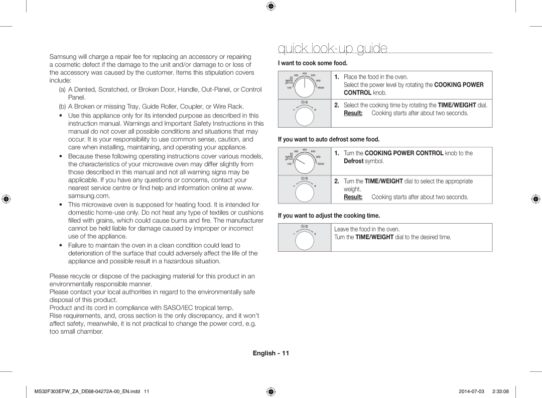 Samsung MS32F303EFW/ZA manual Quick look-up guide, Want to cook some food, Result If you want to adjust the cooking time 