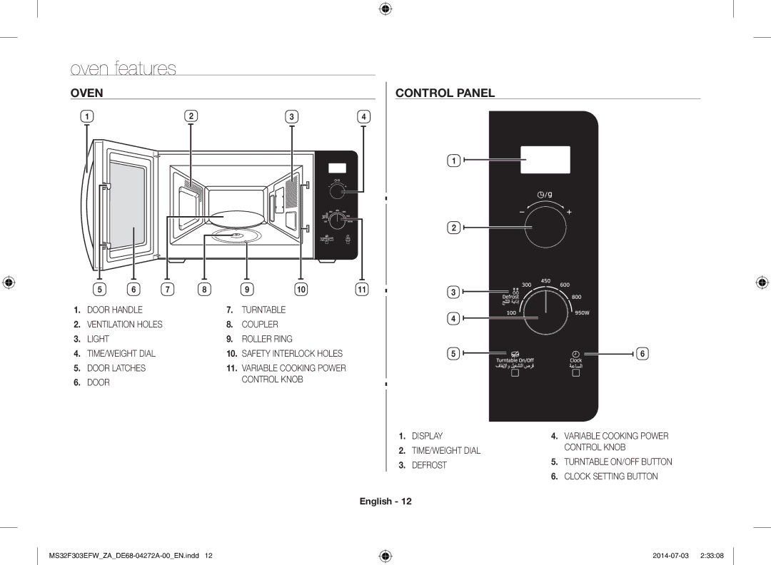 Samsung MS32F303EFW/ZA manual Oven features, Oven Control Panel 